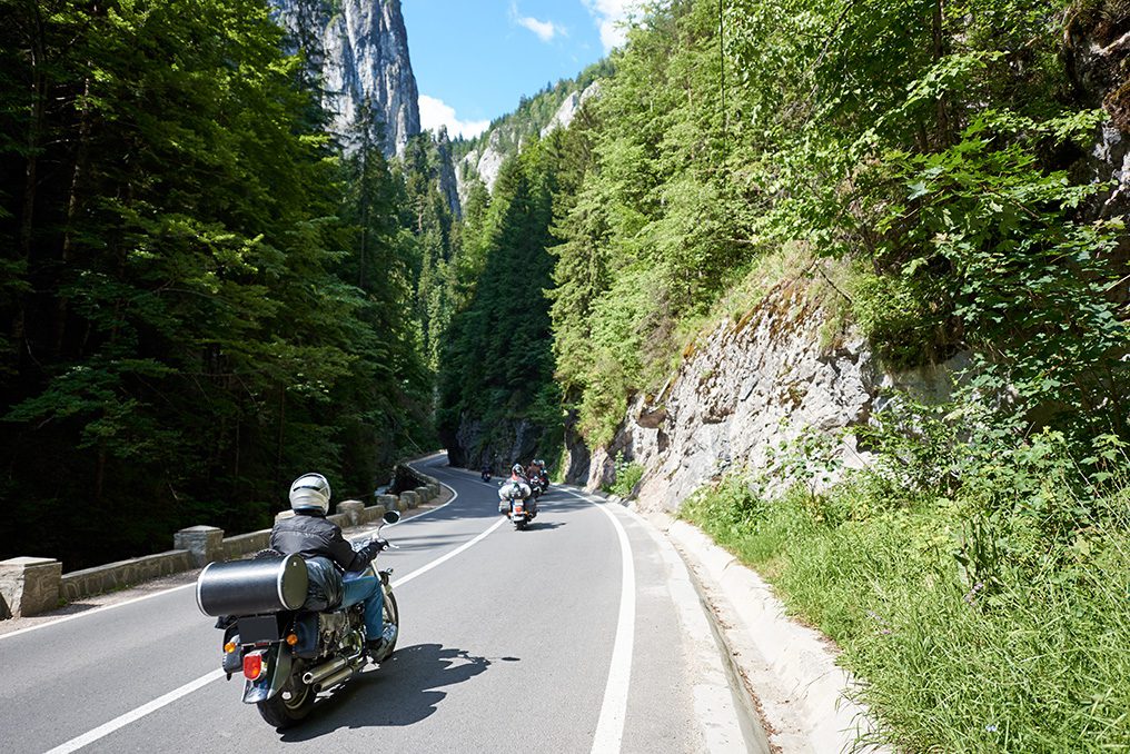 Motociclista viajando de moto em estrada com vegetação no entorno